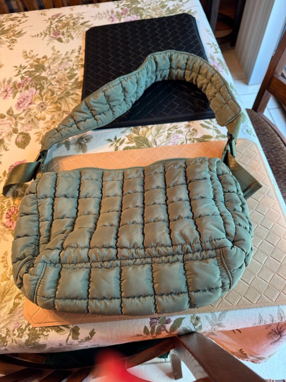 Street Level Quilted Shoulder Bag Adjustable Strap Green 14" x 9" x 6"